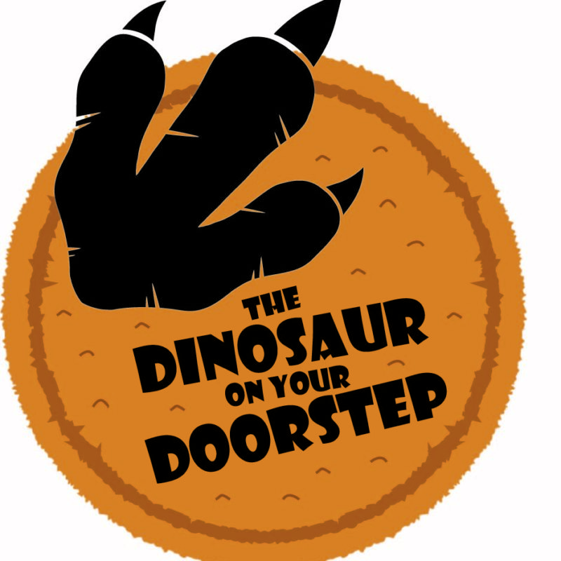 The Dinosaur on Your Doorstep project logo, consisting of a cartoon style round doormat with a silhouette of a dinosaur footprint and the title of the project.